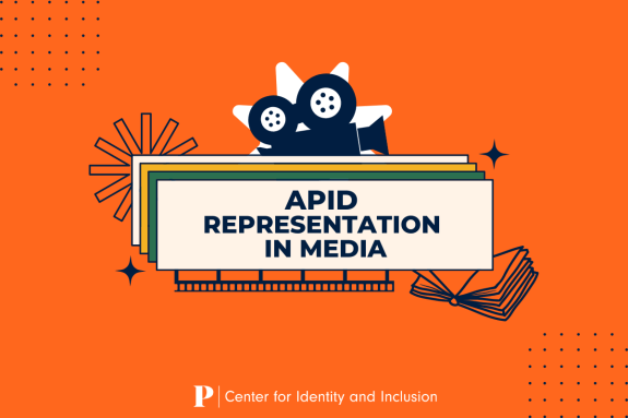 Text "APID Representation in Media" against an orange background with camera, film, and book icons