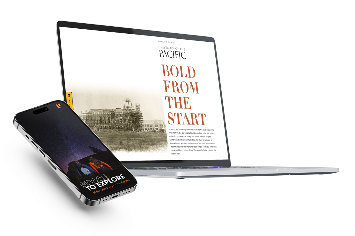 Magazine features displayed on a phone and a laptop
