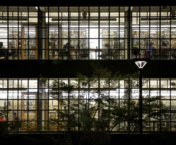 library stacks viewed from outside