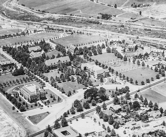a black and white aerial view of the Stockton Campus