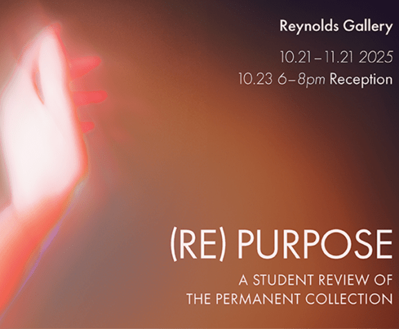 A glowing hand on red background reaches out. White text with exhibition details