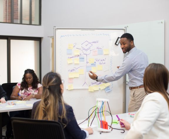 MA in Leadership students discuss problem-solving strategies at University of the Pacific's Benerd College on campus in Sacramento, CA