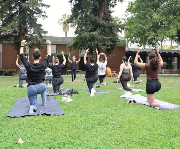 A photo of people doing yoga outdoors