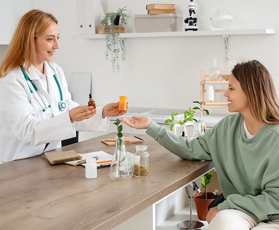 Pharmacist counseling patient on homeopathy