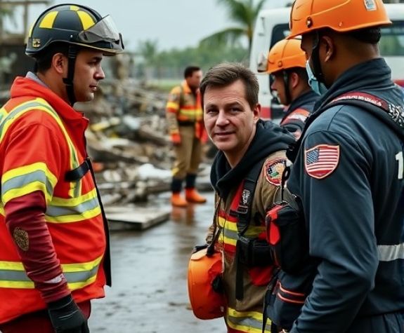 Image shows three emergency responders standing near the site of an incident.