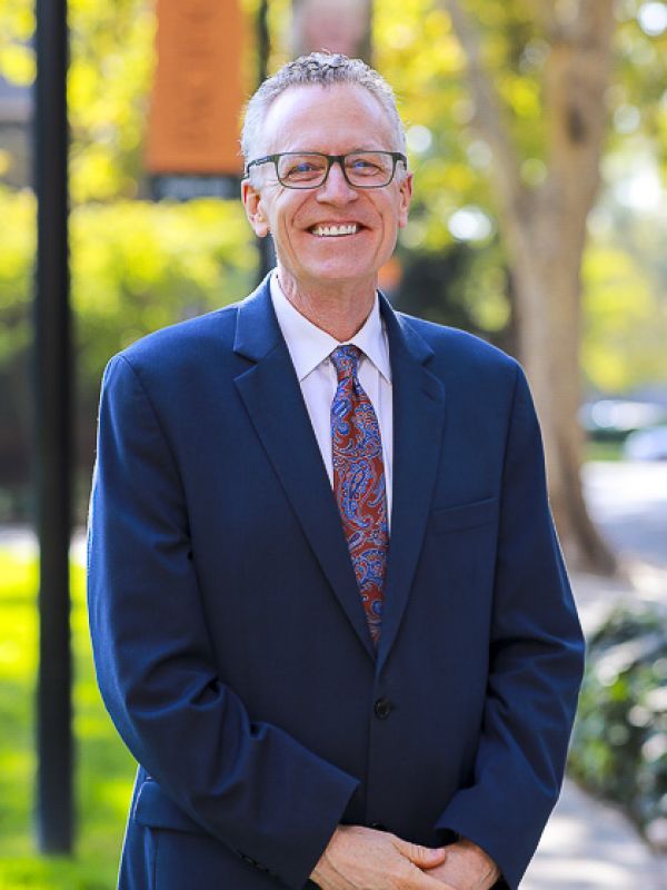 McGeorge School of Law Dean Michael Hunter Schwartz on the quad of the Sacramento campus