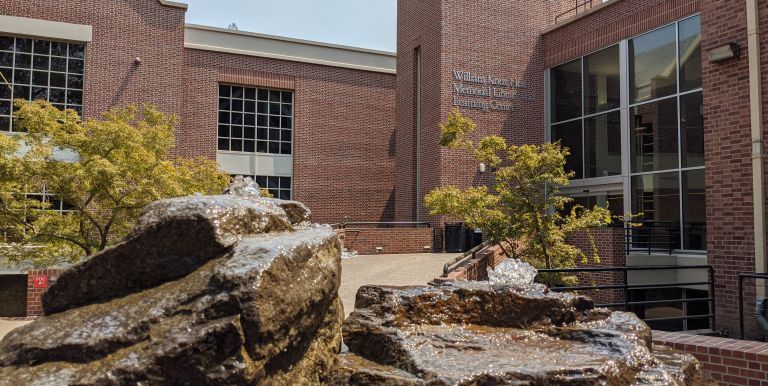 View of the library front entrance from the fountain
