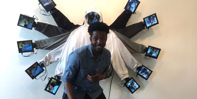 Ann Stoddard, video installation with viewer, Colorblind
