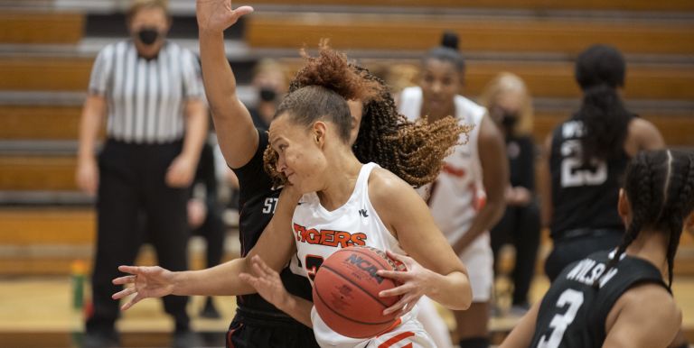 Valerie Higgins playing basketball