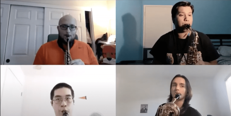 students playing instruments in zoom concert