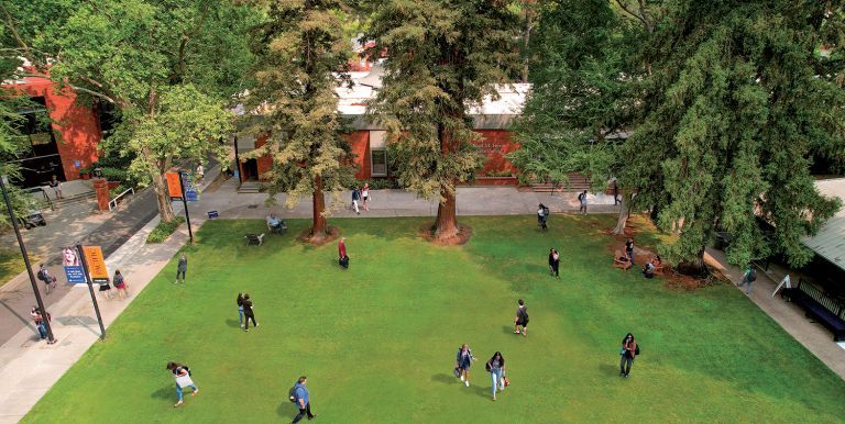An aerial view of the Sacramento campus quad. Approximately 20 students are pictured in various locations on the quad. Lots of greenery and trees are visible.