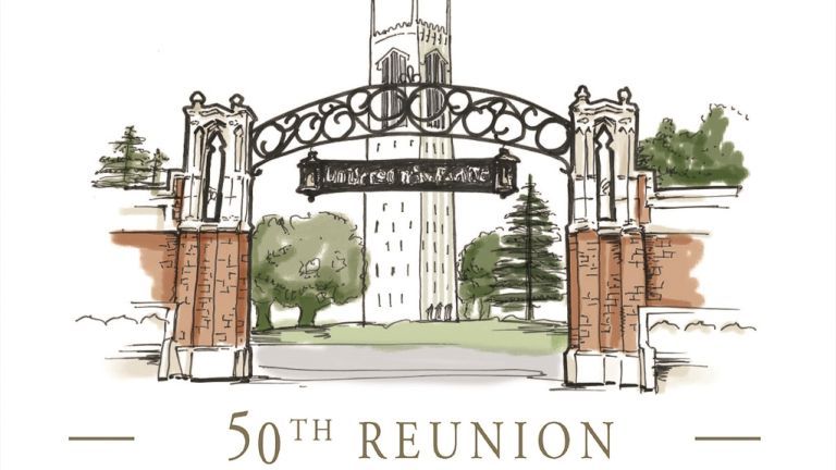 50th reunion logo with Burns Tower and Smith Gate