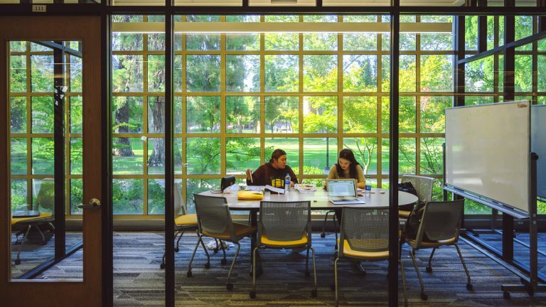 student studying in library