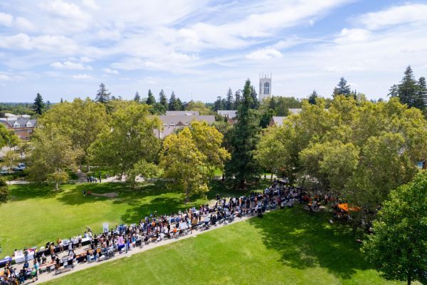 a drone shot of the University of the Pacific campus