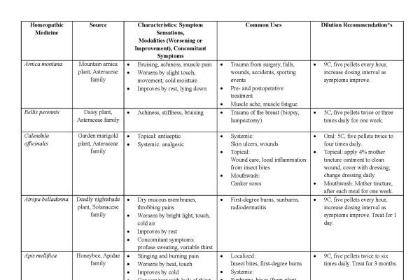 Table with summary of homeopathic medicines