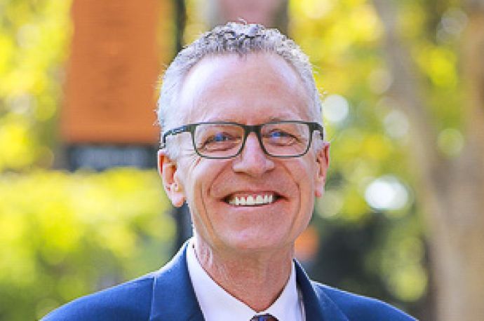 McGeorge School of Law Dean Michael Hunter Schwartz on the quad of the Sacramento campus