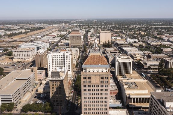 An aerial shot of a city.