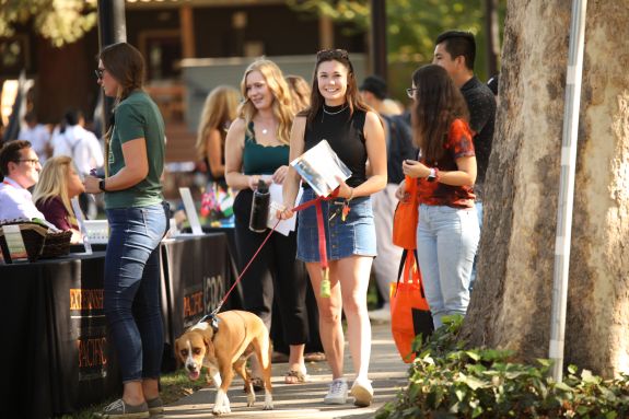 A woman walks her dog on a busy sidewalk.