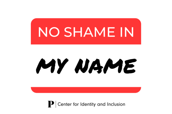 A red and white nametag that says "no shame in my name"