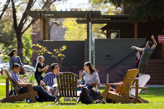 Students enjoy a beautiful day on the quad.