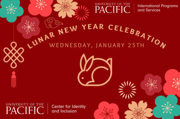 image with red backgroud and text reading Lunar New Year Celebration. On next line text reads Wednesday January 25th. Image of rabbit is in the center.