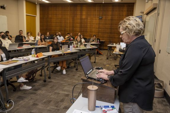 woman teaches a class