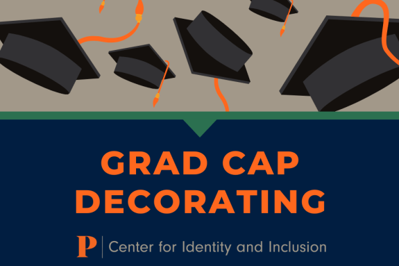 Text "Grad Cap Decorating" against a background of grad caps