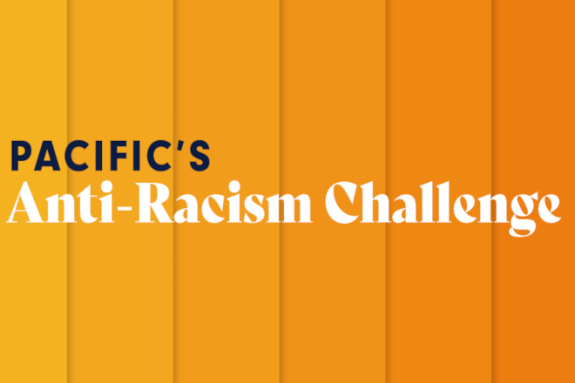 An orange box with "Pacific's Anti-Racism Challenge" logo.