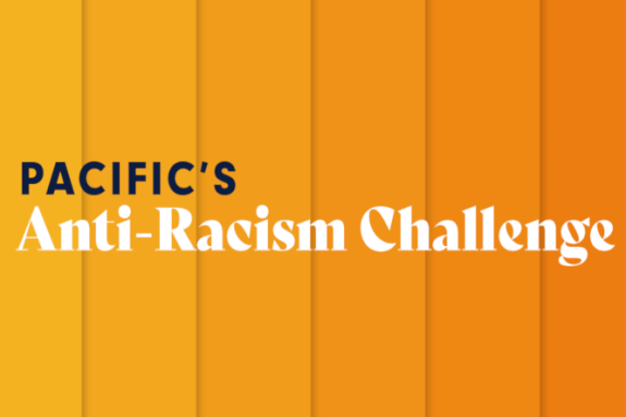 An orange box with "Pacific's Anti-Racism Challenge" logo.