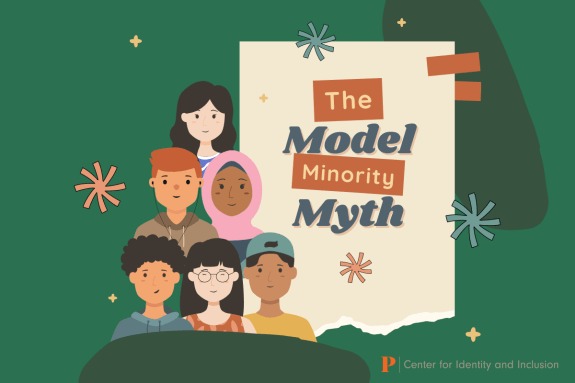 Text "The Model Minority Myth" and graphic of people of various APID backgrounds