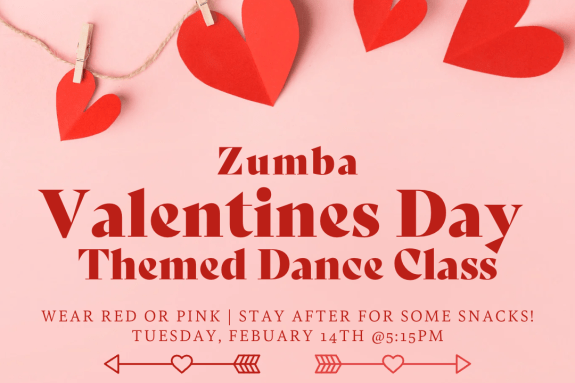 Pink Background image with red hearts that says Valentines Day Themed Zumba Class