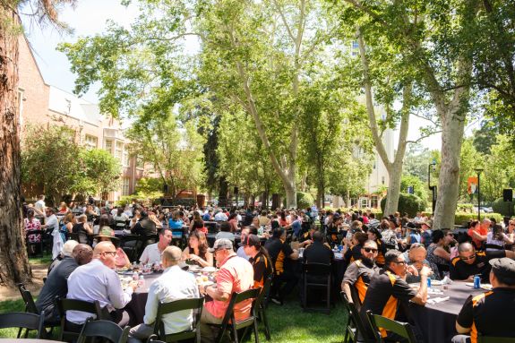 Staff eating lunch on Knoles Lawn