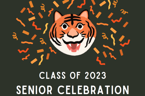 Tiger face with confetti and words "Class of 2023 Senior Celebration."