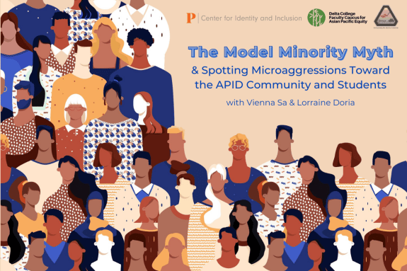 Text "The Model Minority Myth" and graphic of people of various backgrounds
