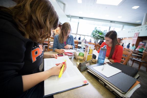 Students with textbooks and highlighters studying on campus