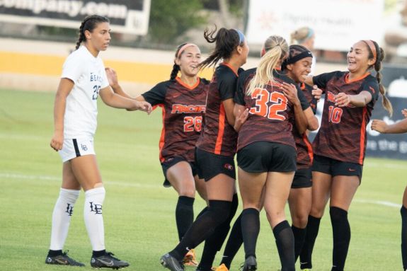 Pacific women's soccer celebrates a goal! 