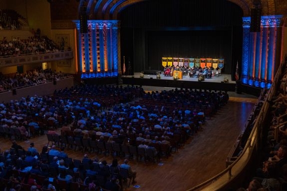 Photo of McGeorge School of Law commencement celebration at Sacramento Memorial Auditorium.