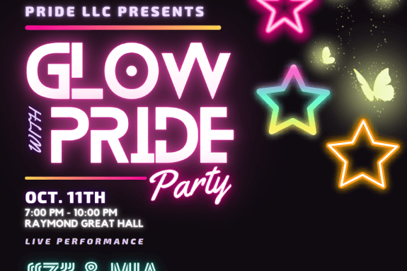 Glow with Pride Party flyer with neon letters and designs