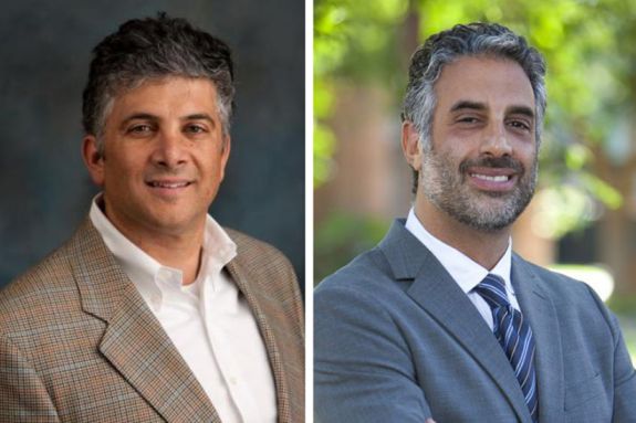 A side-by-side image of two men in suits