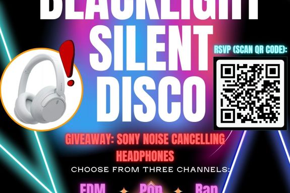 The South Quad Commmunity & RHA presents December 2, 2023 7-9 PM Raymond Great Hall Near elbert covell Wear WHITE/NEON to GLOW Blacklight Silent Disco Choose from three Channels: EDM Pop Rap GIVEAWAY: SONY NOISE CANCELLING HEADPHONES RSVP (SCAN QR CODE):