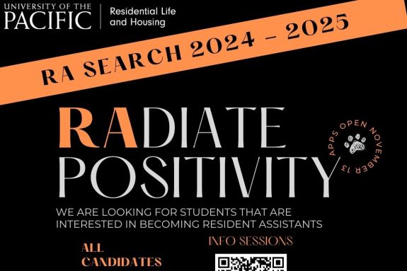 apps open november 13 Radiate positivity all candidates must attend 1 RA info session Info sessions ra search 2024 - 2025 we are looking for students that are interested in becoming resident assistants For More Info email rasearch@pacific.edu or attend an info session Opens November 13th