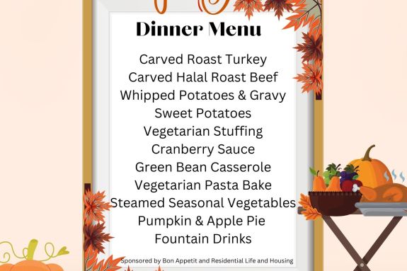 Flyer with dinner menu for thanks giving meal on 11/23 from 12- 2 PM
