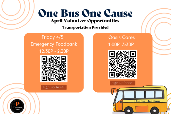 Volunteer Opportunity! One Bus One Cause volunteer events through the Volunteer Center have started for April. We will provide transportation to and from the Emergency Foodbank from 12:30p.m. to 2:30 p.m. Interested in signing up? Contact Jessica Serrano in the Volunteer Center at volunteercenter@pacific.edu