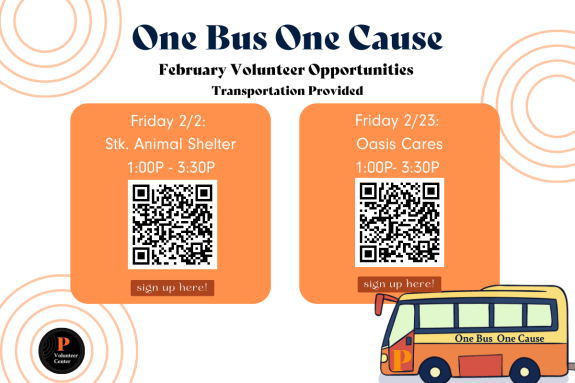 Volunteer Opportunity! One Bus One Cause volunteer events through the Volunteer Center have started. We will provide transportation to and from the Stockton Animal Shelter from 1p.m. to 3:30 p.m. Interested in signing up? Contact Jessica Serrano in the Volunteer Center at volunteercenter@pacific.edu