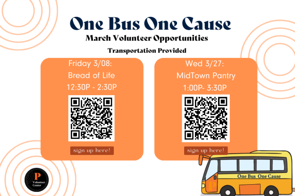 Volunteer Opportunity! One Bus One Cause volunteer events through the Volunteer Center have started. We will provide transportation to and from Midtown Pantry from 1:00p.m. to 3:30 p.m. Interested in signing up? Contact Jessica Serrano in the Volunteer Center at volunteercenter@pacific.edu