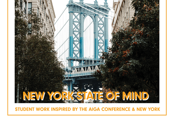 Brooklyn Bridge and cityscape with yellow text reading New York State of Mind