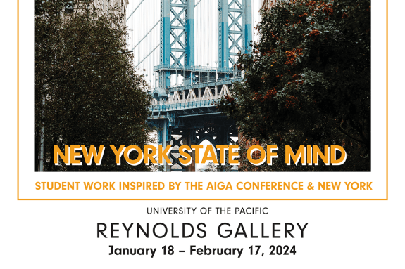 Brooklyn Bridge and cityscape with yellow text New York State of Mind and show dates