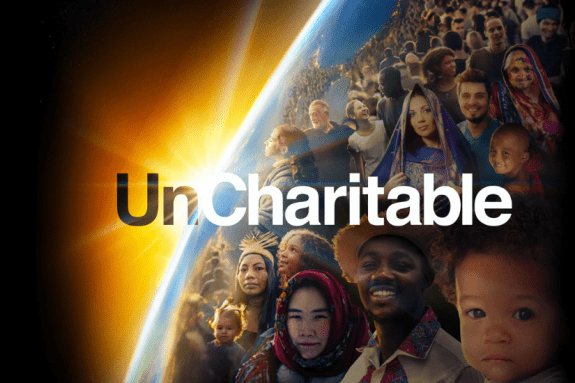 Globe filled with people and the text "Uncharitable"
