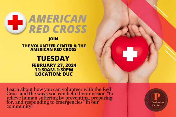 Come learn about how you can play a vital role in our community with the American Red Cross on Tuesday, February 27, 2024 from 11:30AM-1:30PM in the DUC. Registration to the different roles you can volunteer for will be available!