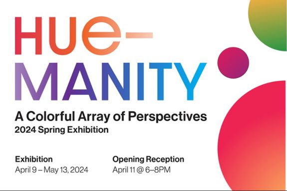 Colorful text bubbles on white ground announce student art exhibition.